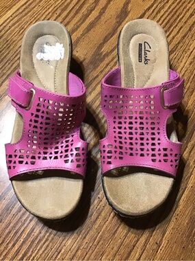 Clarks Hot Pink Laser-Cut Leather Slide Sandals